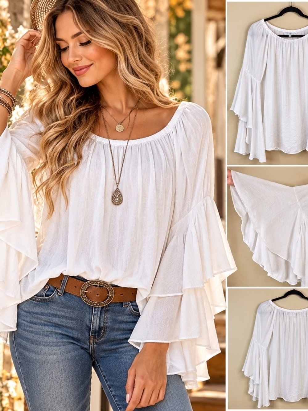 White Boho Bell Sleeve Blouse Small Cottagecore Romantic Peasant Flowy Top